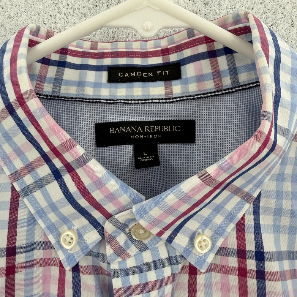 Banana Republic Shirt‎ Mens Large Blue Red Plaid Camden Fit Non-Iron Button Down